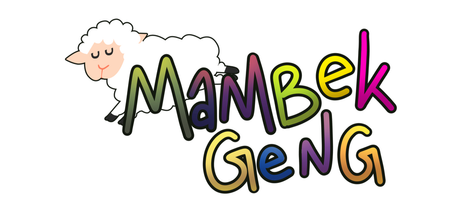Mambek Geng logo made by ThistleKatt and Punyulada- white vector sheep behind "Mambek Geng" text in the colours of the core six members of the group